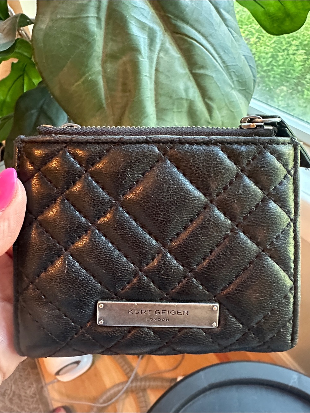 Kurt Geiger Black Quilted Leather Zip Compact Wallet- Ample Storage, Petite Size